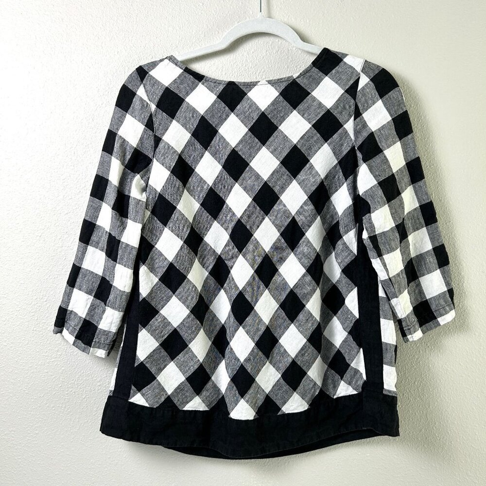 J. Jill Love Linen Top Womens XS Black White Buffalo Plaid 3/4 Sleeve Blouse